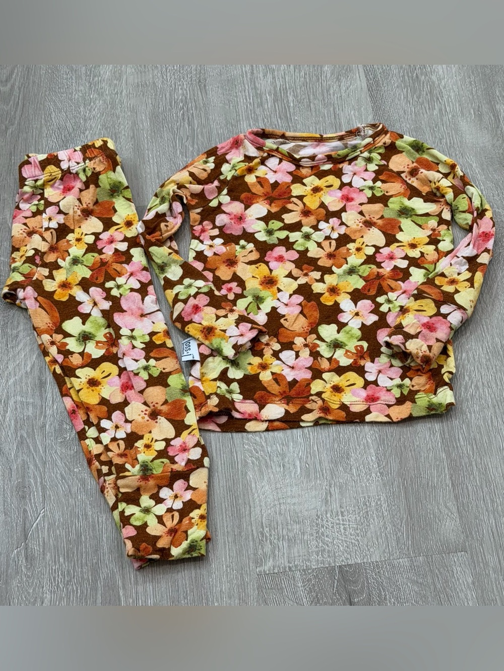 Girls 6-12m Long Sleeve Bamboo Pajama Set Brown Pink & Yellow Flowers
